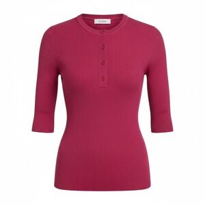 St. John Fuchsia Pink Ribbed Knit Button Front Elbow Sleeve Top XS‎ Rayon